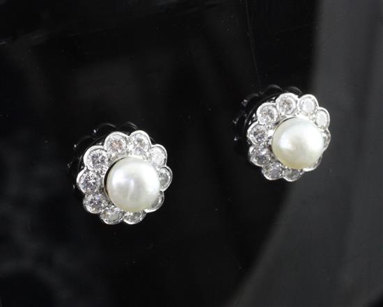 A pair of 20th century platinum, Oriental pearl and diamond cluster earrings, 13mm.